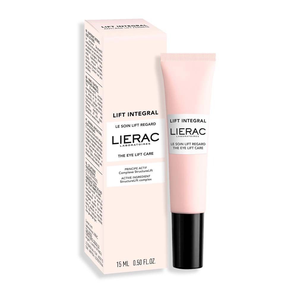 Augenpflege-Tube und Verpackung. Rosa Tube mit schwarzem Verschluss. Aufschrift: Lift Integral, Lierac, Le soin lift regard, The eye lift care. Verpackung mit Text.