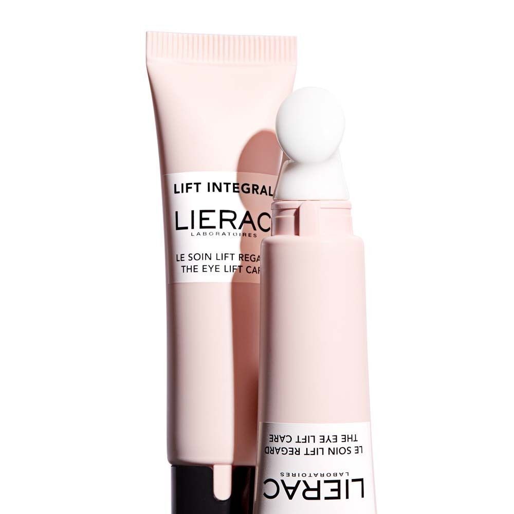 Zwei Augenpflege-Tuben. Rosa Tuben mit schwarzem Verschluss. Aufschrift: Lift Integral, Lierac, Le soin lift regard, The eye lift care. Eine Tube mit Applikator.