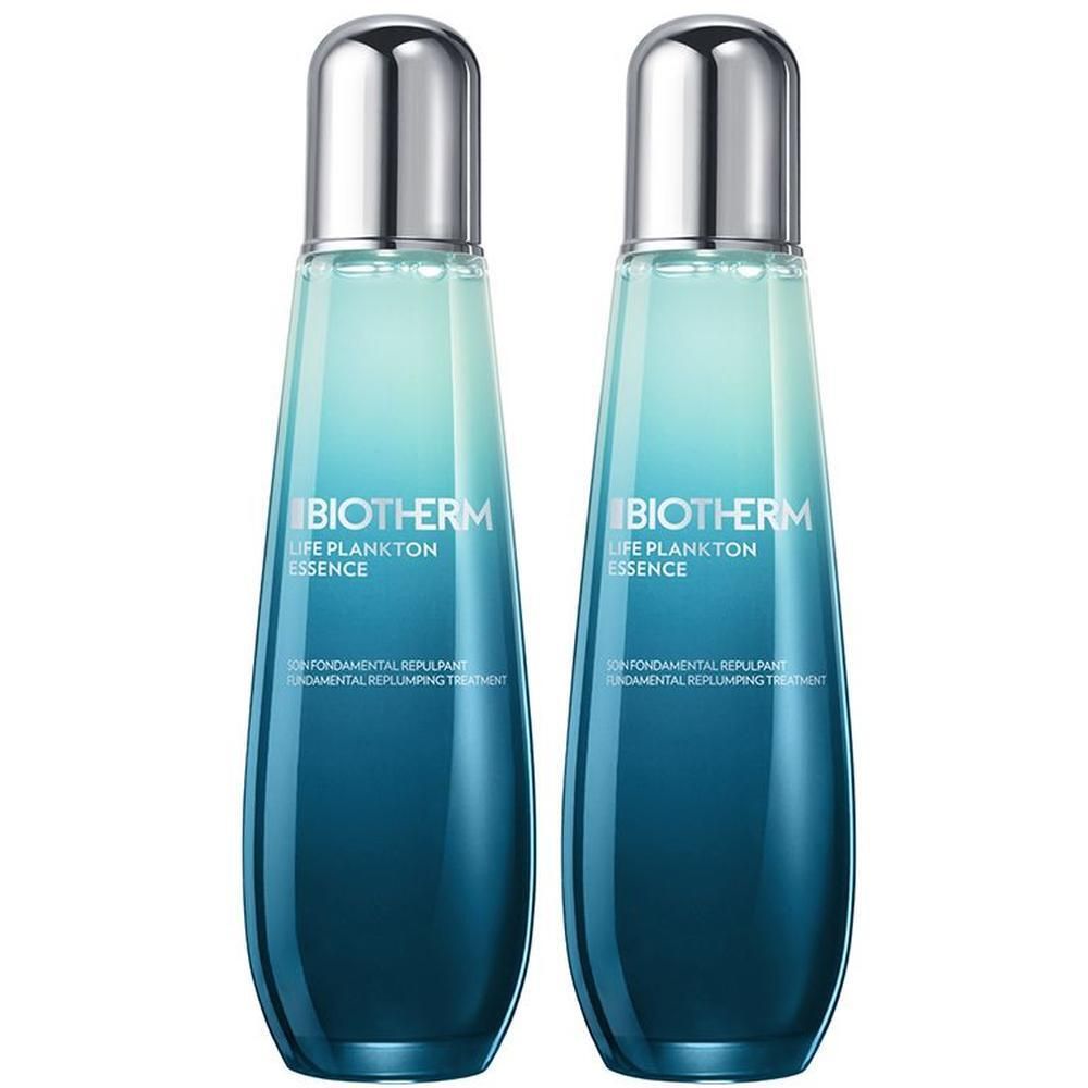 Zwei Flakons mit blau-grüner Flüssigkeit. Silberne Kappen. Aufschrift: BIOTHERM Life Plankton Essence.