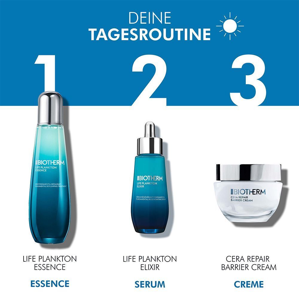Drei Produkte nebeneinander: Life Plankton Essence, Life Plankton Elixir, Cera Repair Barrier Cream.