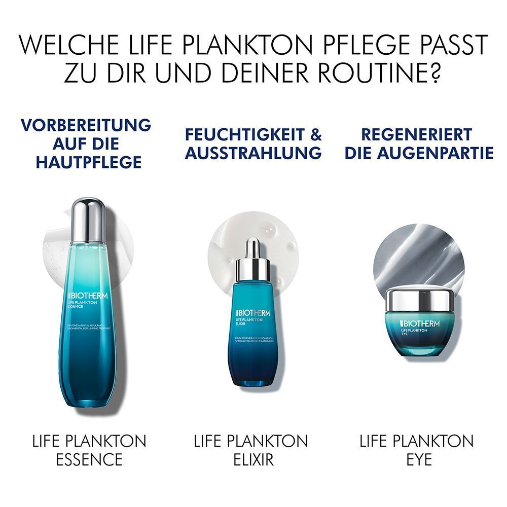 Drei Produkte nebeneinander: Life Plankton Essence, Life Plankton Elixir, Life Plankton Eye.