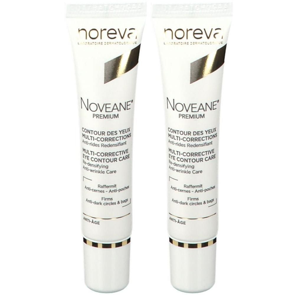 Zwei Tuben Noreva Noveane Premium Augen- und Lippenkorrekturpflege. Weiße Tuben mit schwarzer Schrift und goldenen Akzenten. Produktnamen sichtbar.
