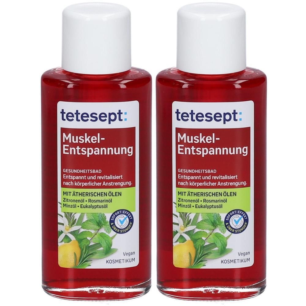 Zwei Flaschen mit roter Flüssigkeit und weißen Deckeln. Auf den Etiketten steht "tetesept Muskel-Entspannung".