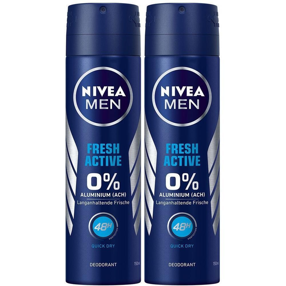 Zwei blaue Deosprays. Aufschrift: NIVEA MEN, FRESH ACTIVE, 0% Aluminium. Mit 48H-Schutz. Deodorant.
