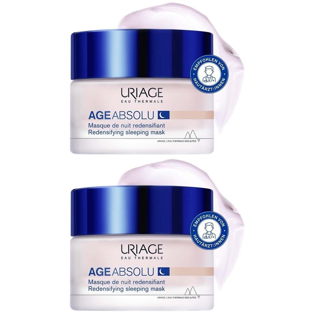 Zwei Tiegel Uriage Age Absolu Nachtmaske. Weißes Produkt mit blauem Deckel. Aufschrift: Empfohlen von Hautärzt*innen.