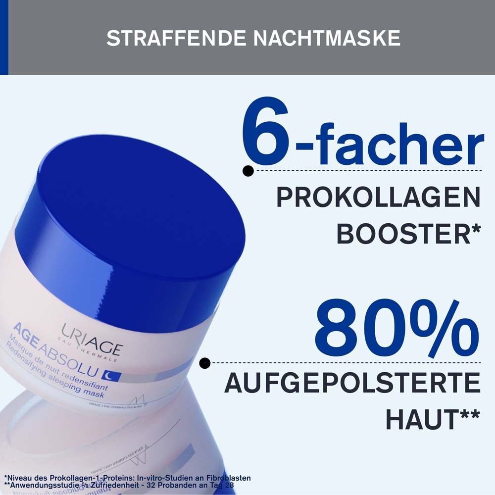 Tiegel Uriage Age Absolu Nachtmaske. Blauer Deckel, weiße Dose. Text: 6-facher Pro-Kollagen Booster, 80% aufgepolsterte Haut.