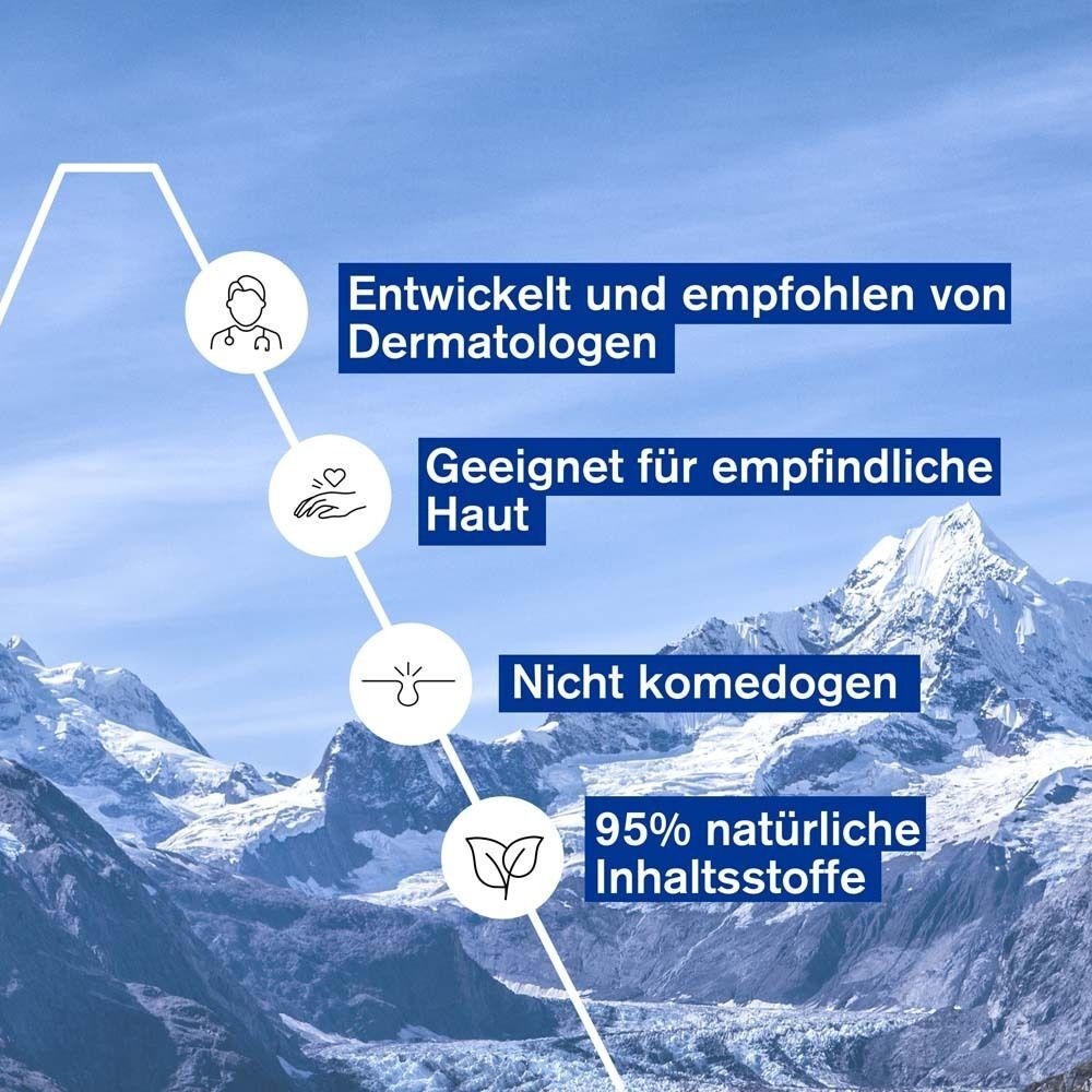 Infografik mit Text. Text: Entwickelt und empfohlen von Dermatologen, Geeignet für empfindliche Haut, Nicht komedogen.