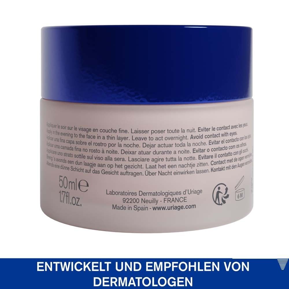 Rückseite eines Tiegels Uriage Age Absolu Nachtmaske. Text: 50ml, 17fl.oz. Laboratoires Dermatologiques d'Uriage.