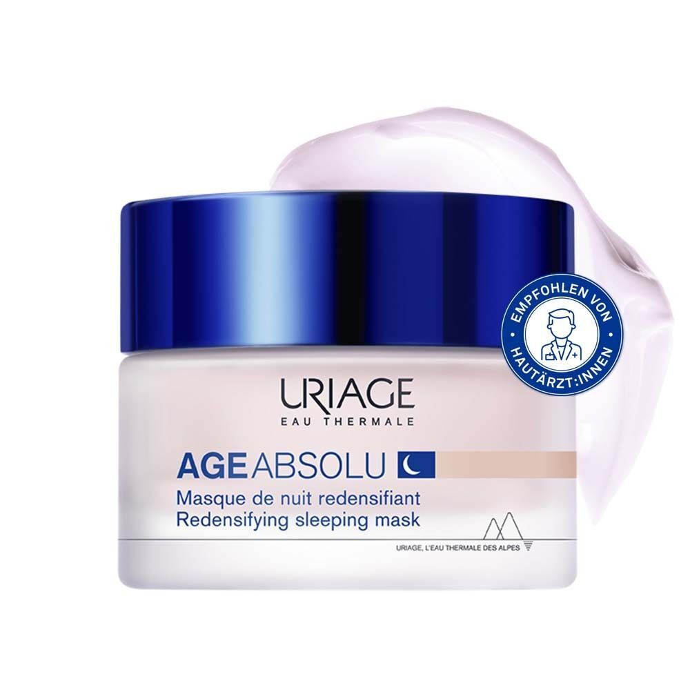 Tiegel Uriage Age Absolu Nachtmaske. Weißes Produkt mit blauem Deckel. Aufschrift: Empfohlen von Hautärzt*innen.