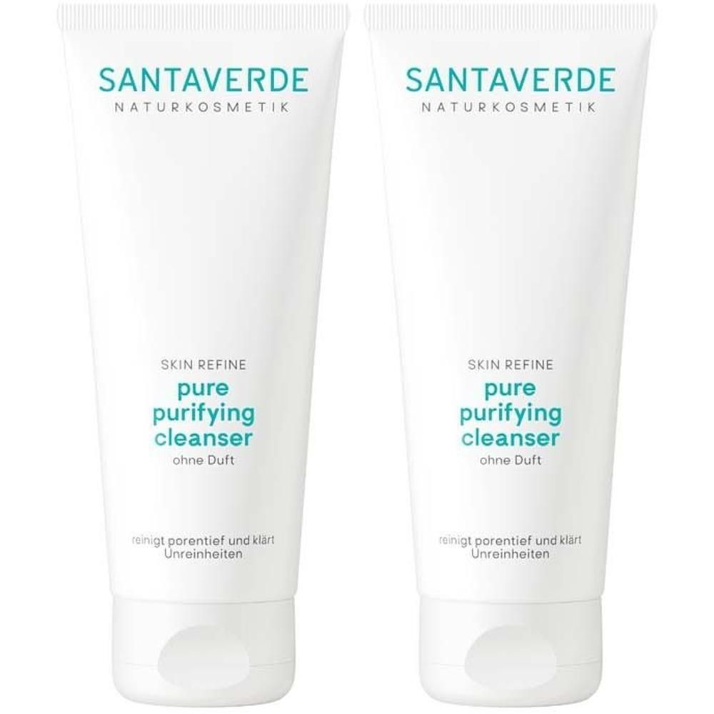 Zwei Tuben SANTAVERDE pure purifying cleanser. Weiße Tuben mit grüner Schrift. Produktname und weitere Informationen sind aufgedruckt.