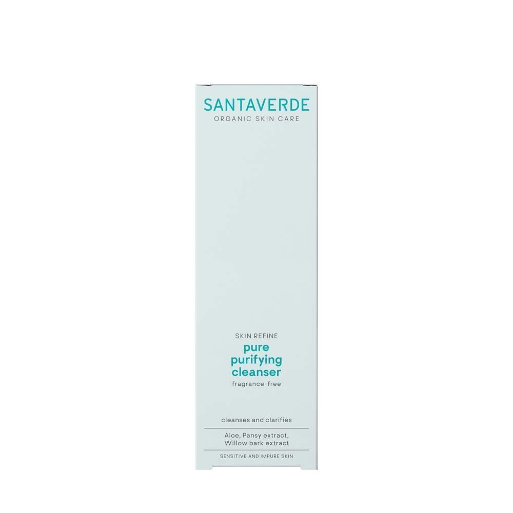 Verpackung von SANTAVERDE pure purifying cleanser. Weißer Karton mit grüner Schrift. Produktname und weitere Informationen sind aufgedruckt.