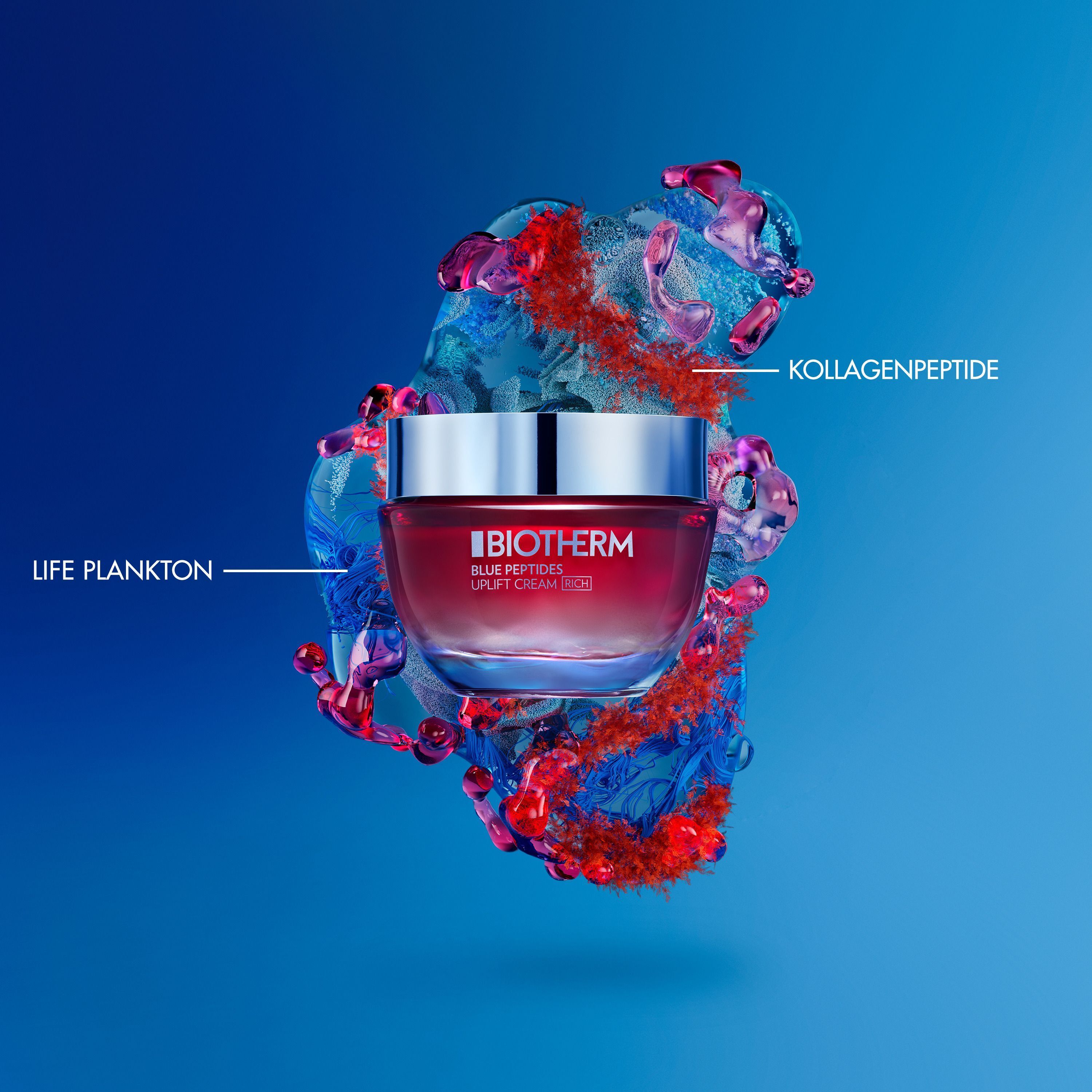 Tiegel mit silbernem Deckel und rotem Glas, umgeben von blauen und roten Elementen. Text: BIOTHERM, BLUE PEPTIDES.