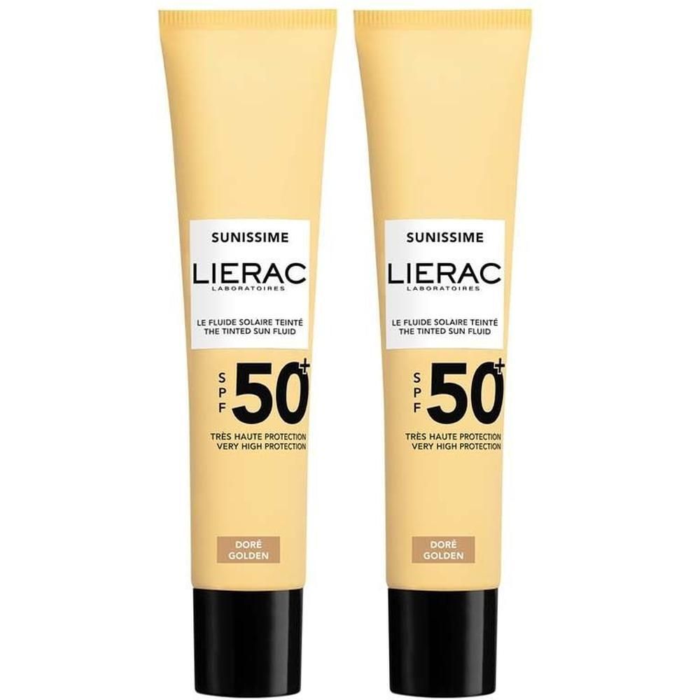 Zwei Tuben Sonnencreme. Aufschrift: LIERAC Sunissime, LSF 50+, getönte Sonnencreme. Farbe: Golden.