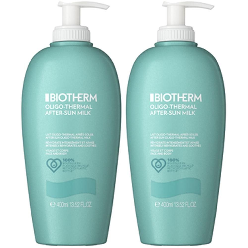 Zwei türkisfarbene Flaschen mit Pumpverschluss. Aufschrift: BIOTHERM OLIGO-THERMAL AFTER-SUN MILK. 400ml.