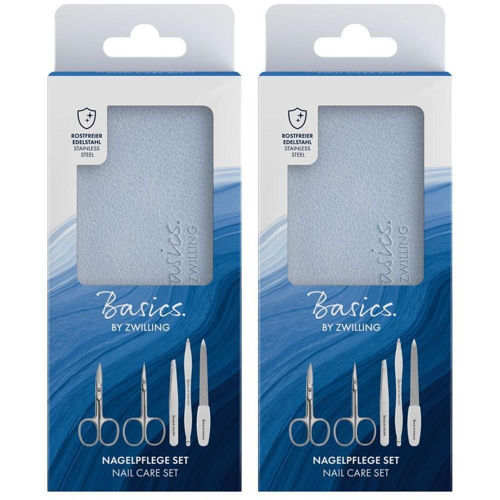 Zwei blaue Nagelpflege-Sets in Kartonverpackung. Basics by Zwilling. 5-teilig. Rostfreier Edelstahl. Nagelpflege Set.