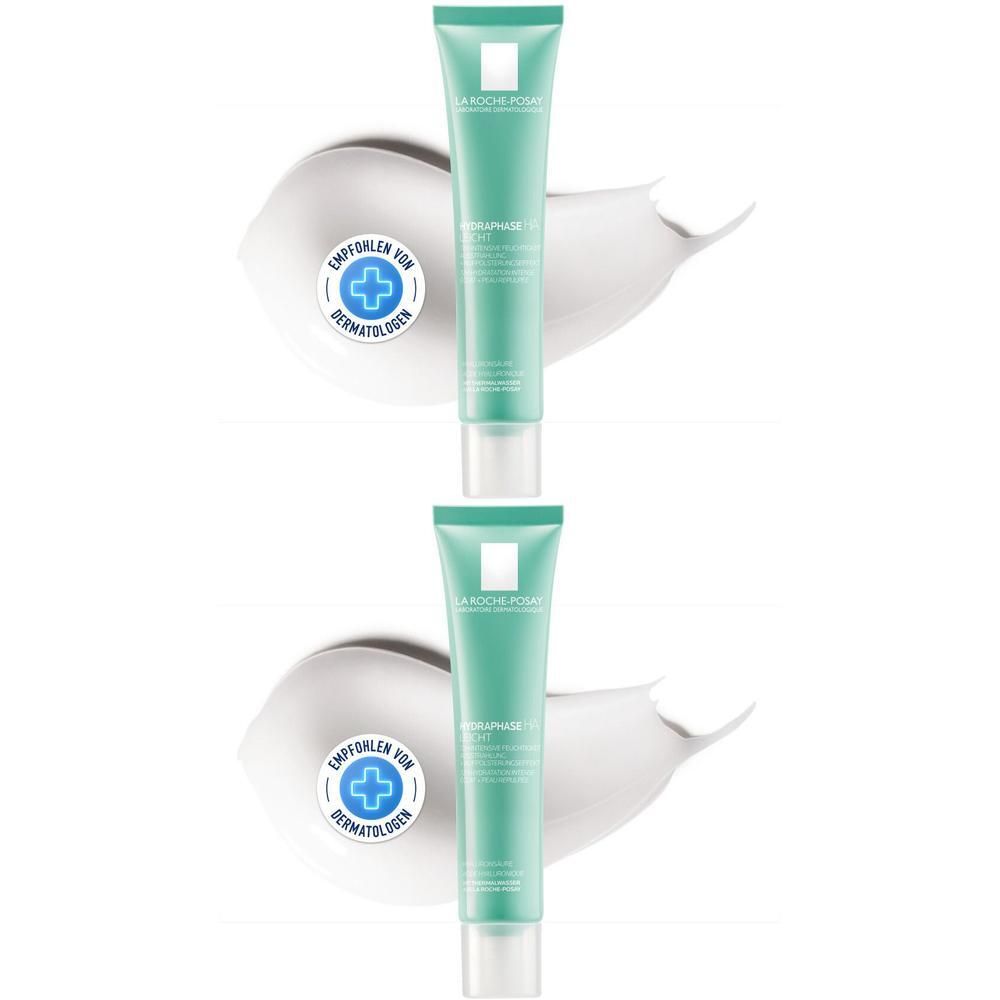 Zwei Tuben La Roche-Posay Hydraphase HA Leicht mit Dermatologen-Siegel.