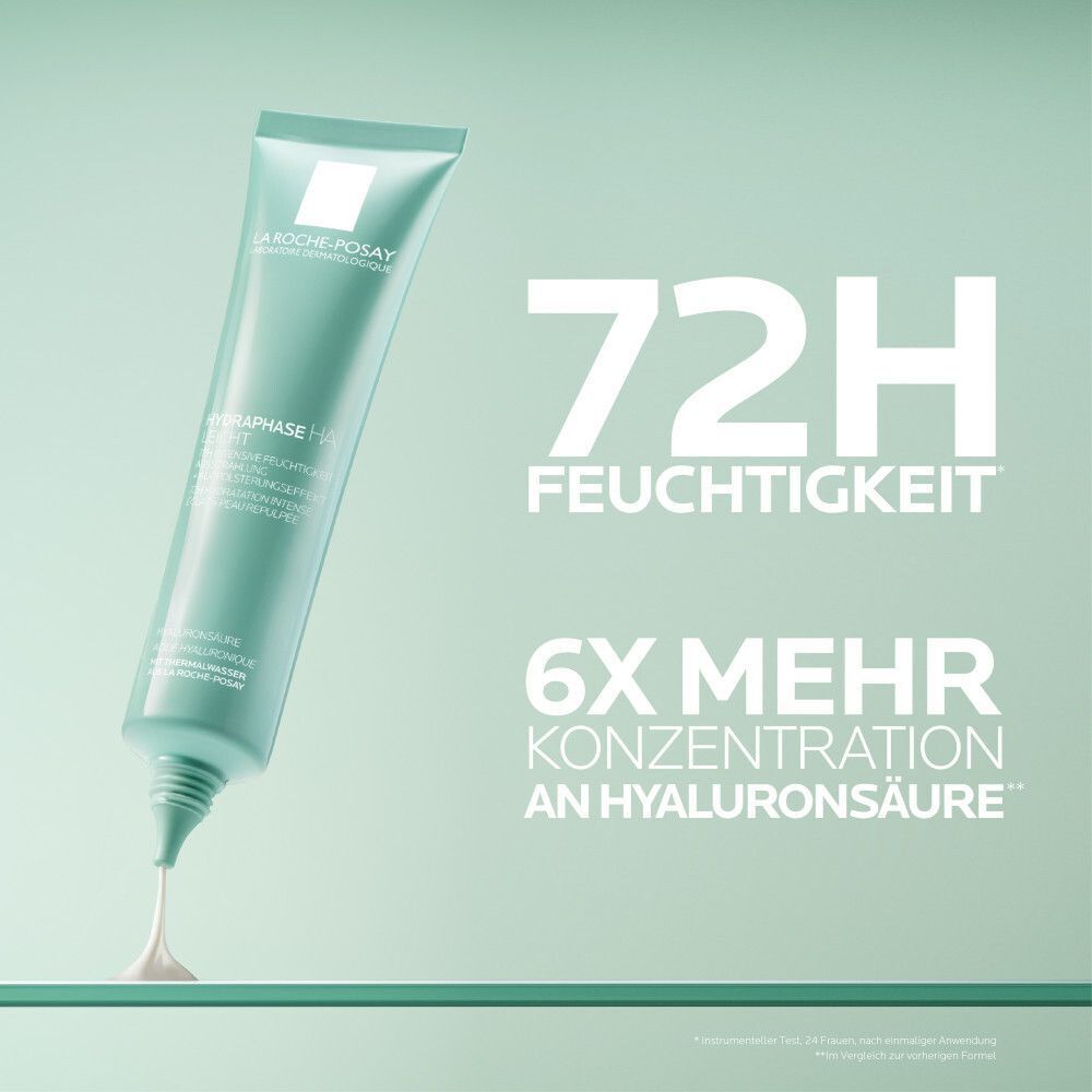 La Roche-Posay Hydraphase HA Leicht Tube: 72h Feuchtigkeit, 6x mehr Hyaluronsäure.