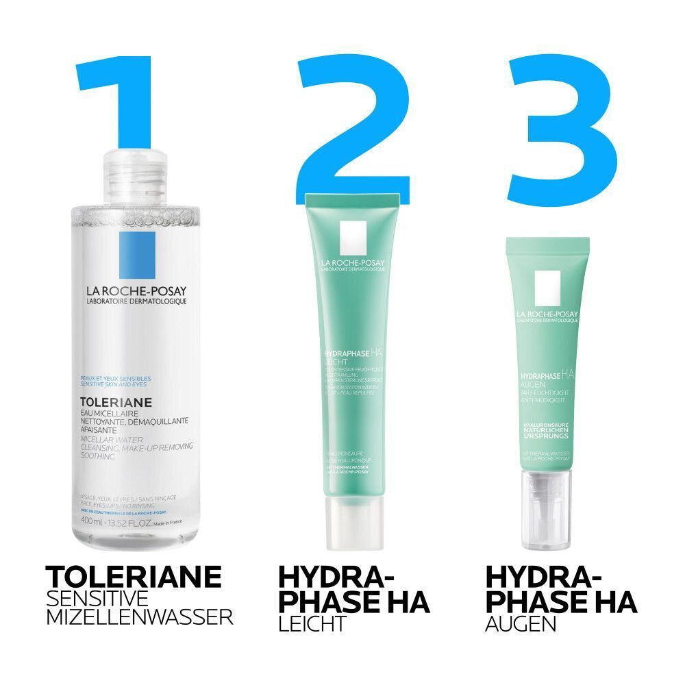 La Roche-Posay Toleriane Mizellenwasser, Hydraphase HA Leicht und Augenpflege.