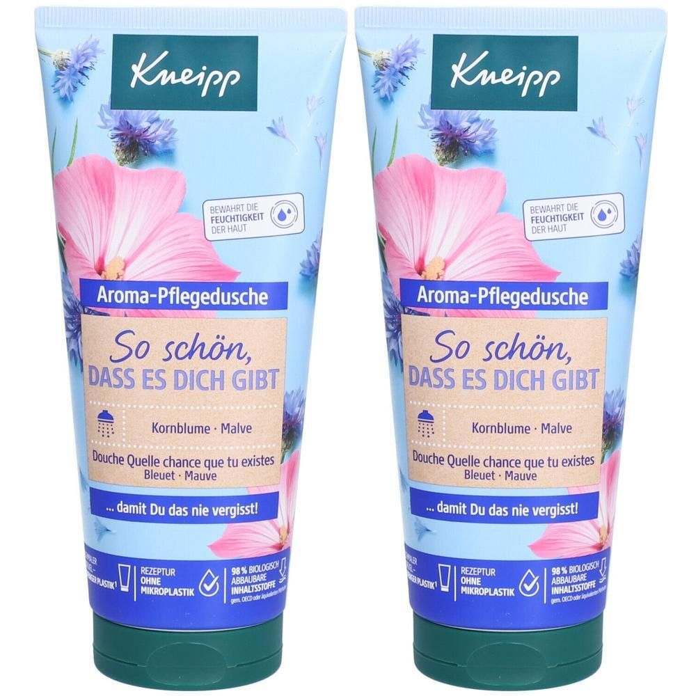 Zwei Tuben Kneipp Aroma-Pflegedusche. Hellblaue Verpackung mit floralem Design. Text: So schön, dass es Dich gibt. Kornblume-Malve. Grüner Verschluss.