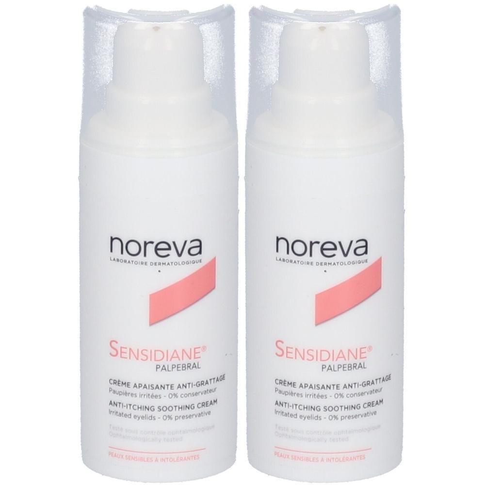 Zwei weiße Flaschen mit Pumpaufsatz und durchsichtiger Kappe. Aufschrift: noreva, Sensidiane Palpebral, Creme apaisante anti-grattage.