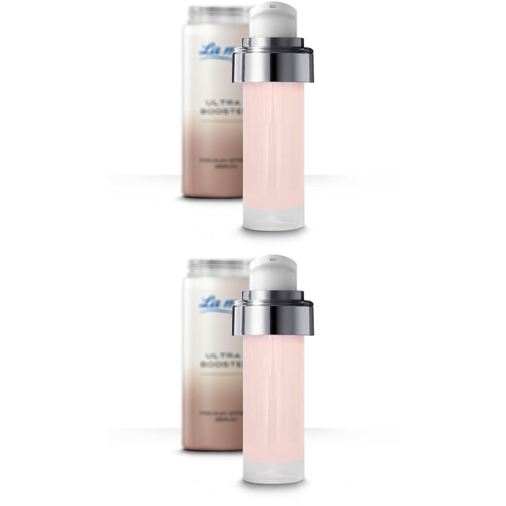 Zwei Flakons. Rosa Serum in durchsichtiger Flasche mit silbernem Verschluss. Daneben eine Nachfüllpackung.