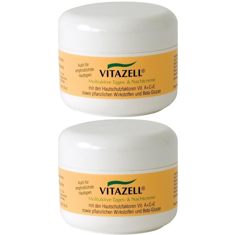 Zwei Cremetiegel mit weißem Deckel und gelbem Etikett. Auf dem Etikett steht "VITAZELL®" und weitere Produktinformationen.