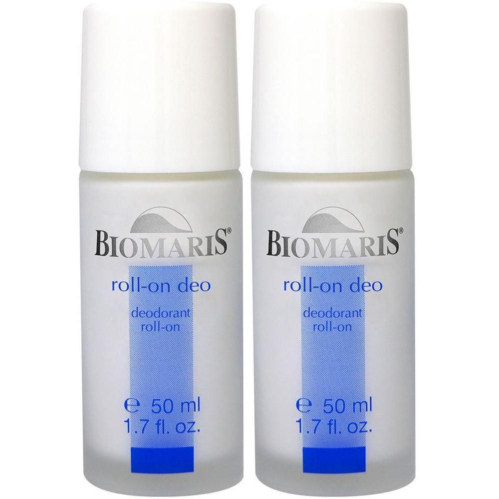 Zwei Roll-on Deodorants. Weiße Kappe, mattiertes Glas. Blaue Streifen mit Produktinformationen. BIOMARIS, roll-on deo, 50 ml.