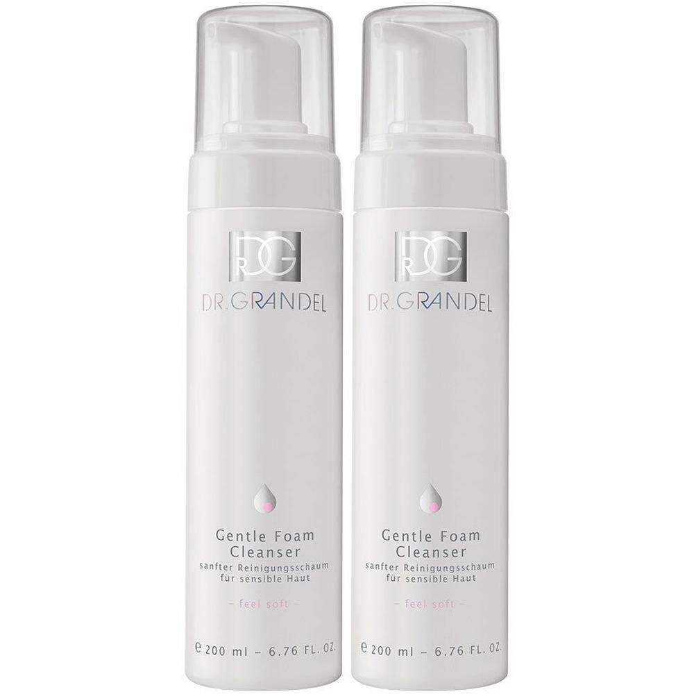 Zwei weiße Flaschen mit Pumpaufsatz. Aufschrift: DR. GRANDEL, Gentle Foam Cleanser. 200 ml.