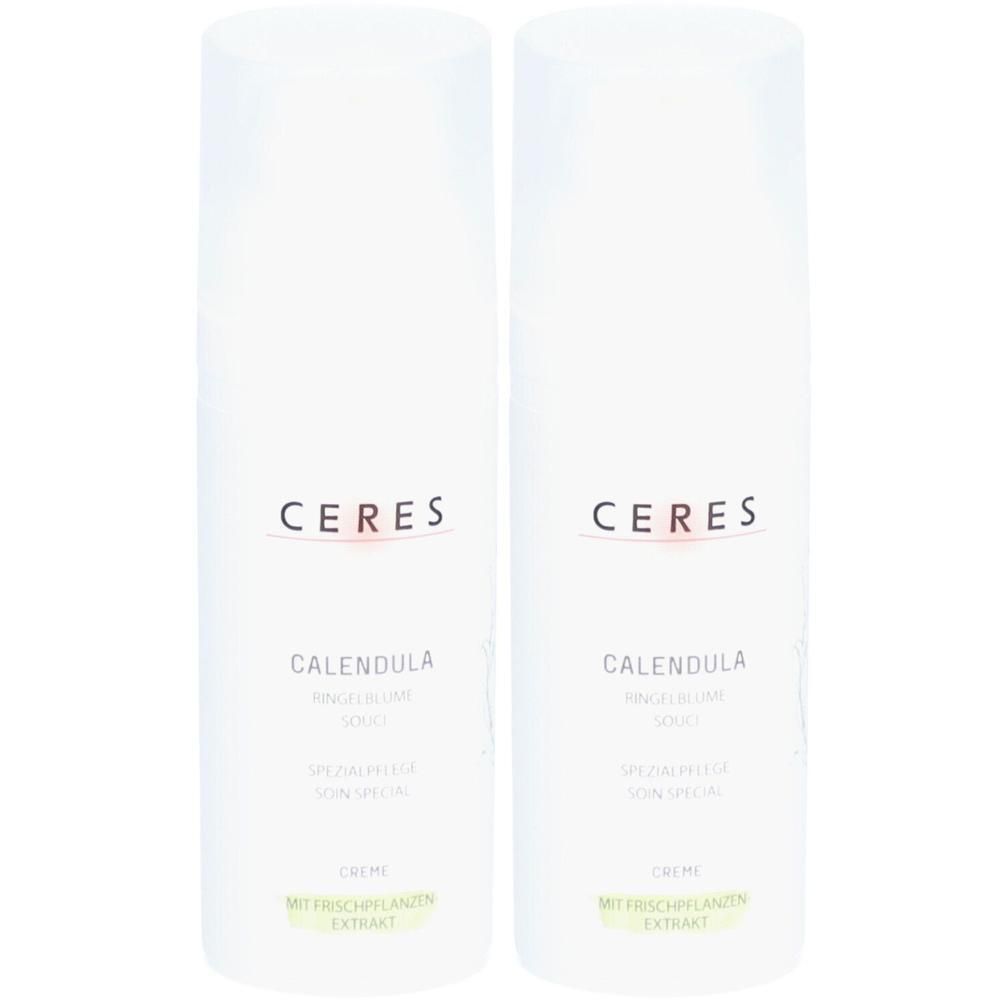 Zwei weiße Flaschen. Aufschrift: Ceres, Calendula, Spezialpflege, Creme. Mit Frischpflanzen Extrakt.
