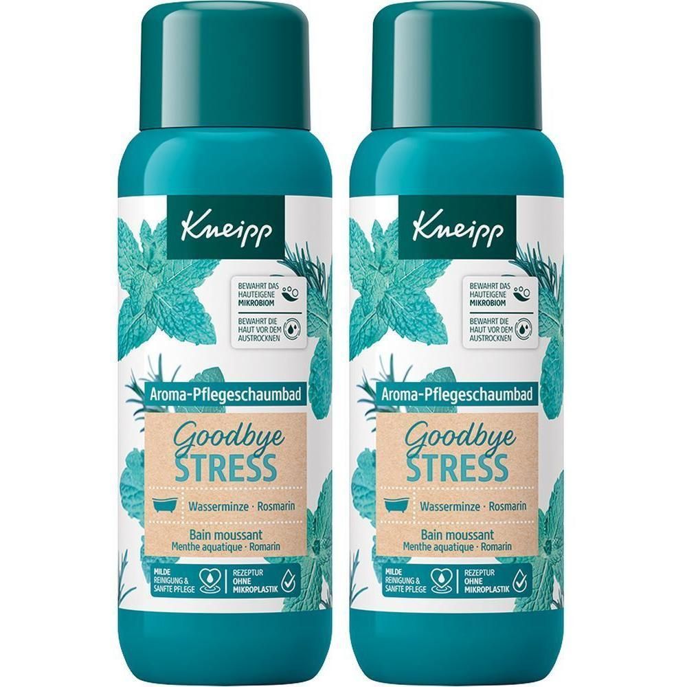 Zwei Flaschen Kneipp® Aroma-Pflegeschaumbad Goodbye Stress. Türkisgrüne Flaschen mit grünen Deckeln. Vorderseite mit Produktnamen und Inhaltsstoffen.