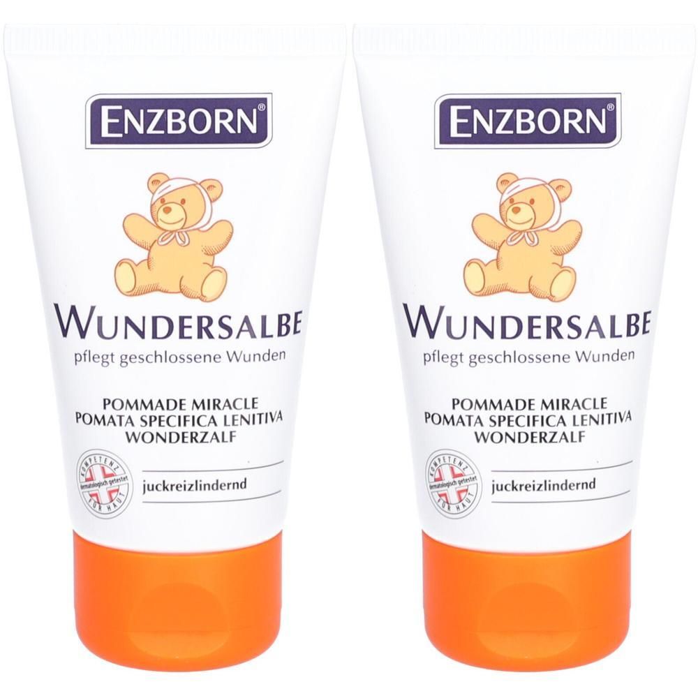 Zwei Tuben ENZBORN Wundersalbe. Weiße Tuben mit orangefarbenem Boden. Aufdruck: Bären-Illustration, Produktname, weitere Produktbezeichnungen.