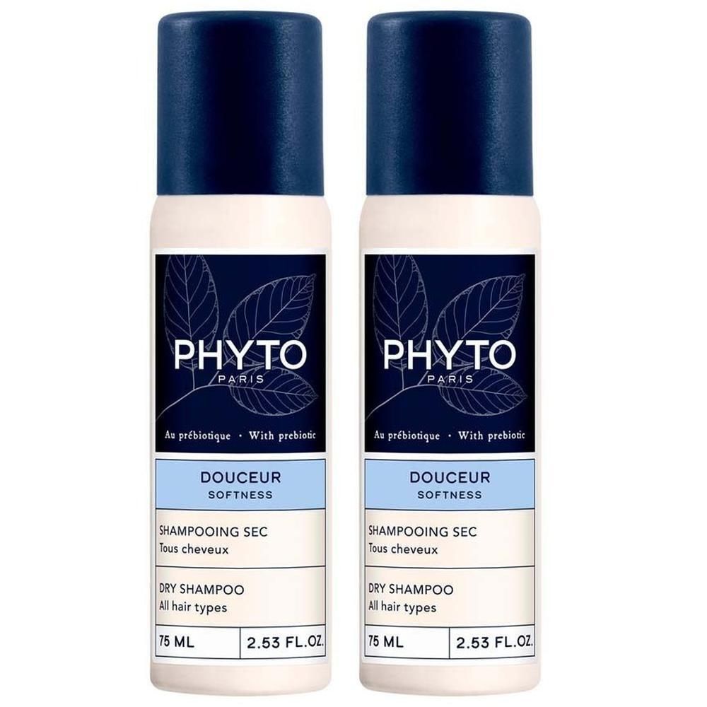 Zwei Flaschen Trockenshampoo. Weiß, mit blauem Deckel. Aufschrift: PHYTO PARIS, DOUCEUR SOFTNESS, Trockenshampoo, 75 ml.