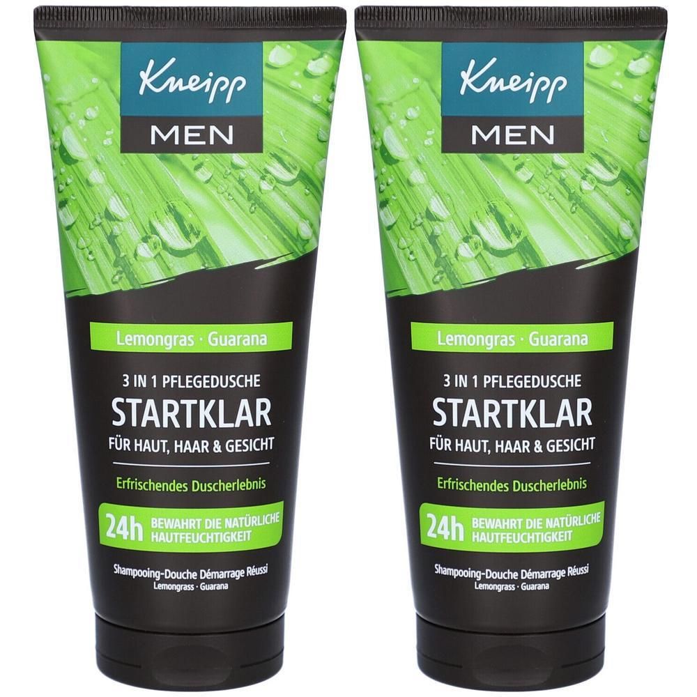 Zwei Tuben Kneipp Men 3in1 Pflegedusche. Schwarze Tuben mit grünem Design und Produktinformationen. Enthält Lemongras und Guarana.