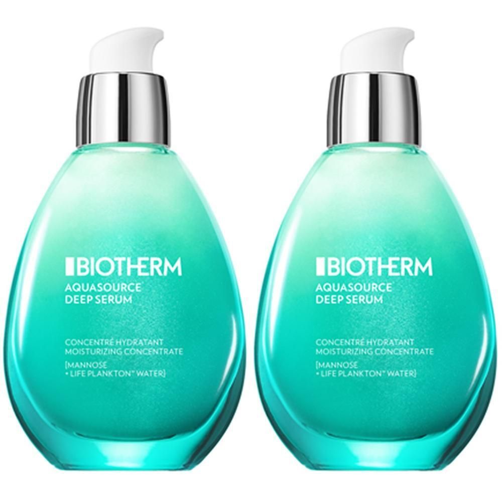 Zwei Flaschen BIOTHERM Aquasource Deep Serum. Türkisfarbene Flaschen mit silbernen Pumpköpfen. Text: BIOTHERM, Aquasource Deep Serum.