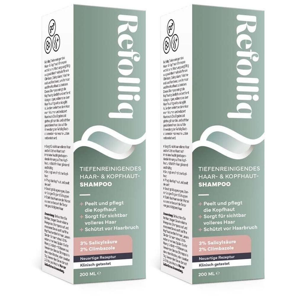 Zwei Schachteln REFOLLIQ tiefenreinigendes Haar- & Kopfhaut Shamp. mit Produktinformationen und Logo.