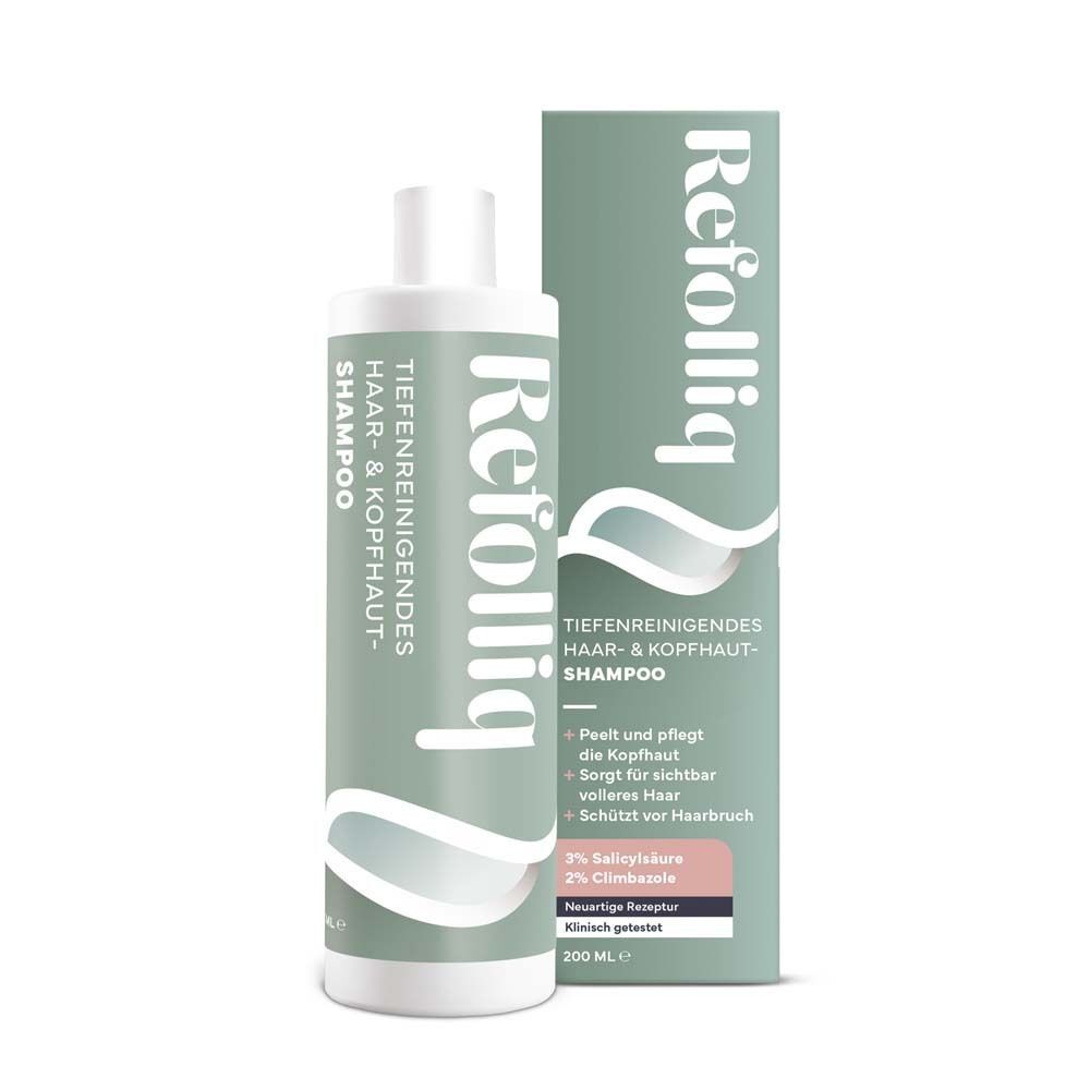 Eine Flasche REFOLLIQ tiefenreinigendes Haar- & Kopfhaut Shamp. neben einer Produktverpackung.