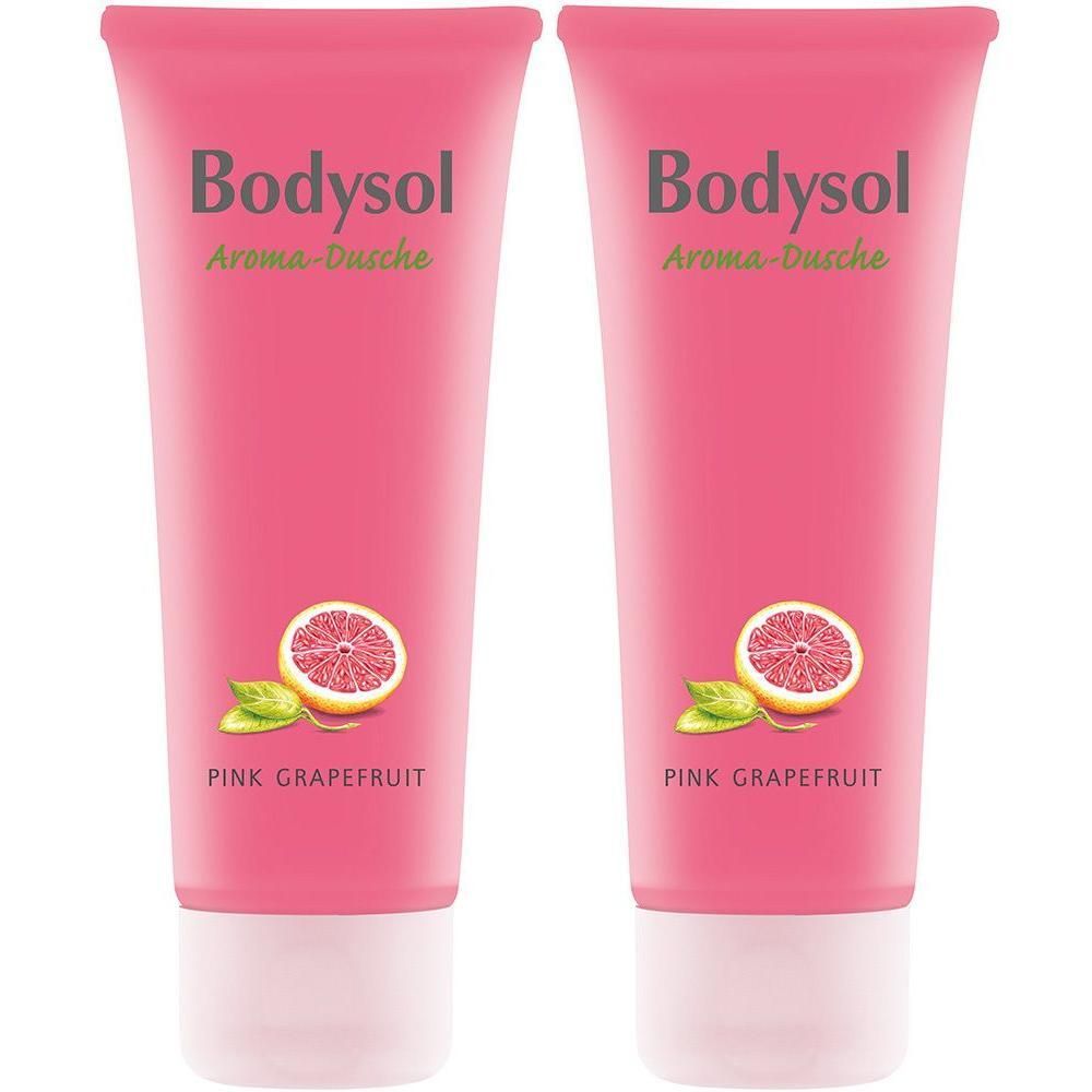 Zwei Tuben Bodysol Aroma-Dusche Pink Grapefruit. Rosa Tuben mit weißem Verschluss. Aufdruck: Bodysol, Pink Grapefruit, Grapefruit-Illustration.