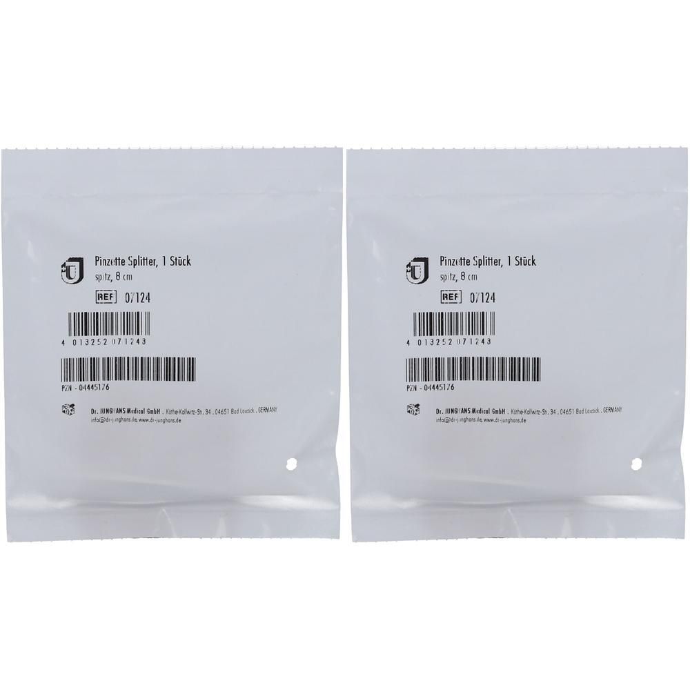 Zwei Beutel mit Pinzette Splitter, spitz, 8 cm. Verpackung mit Produktinformationen und Barcode.