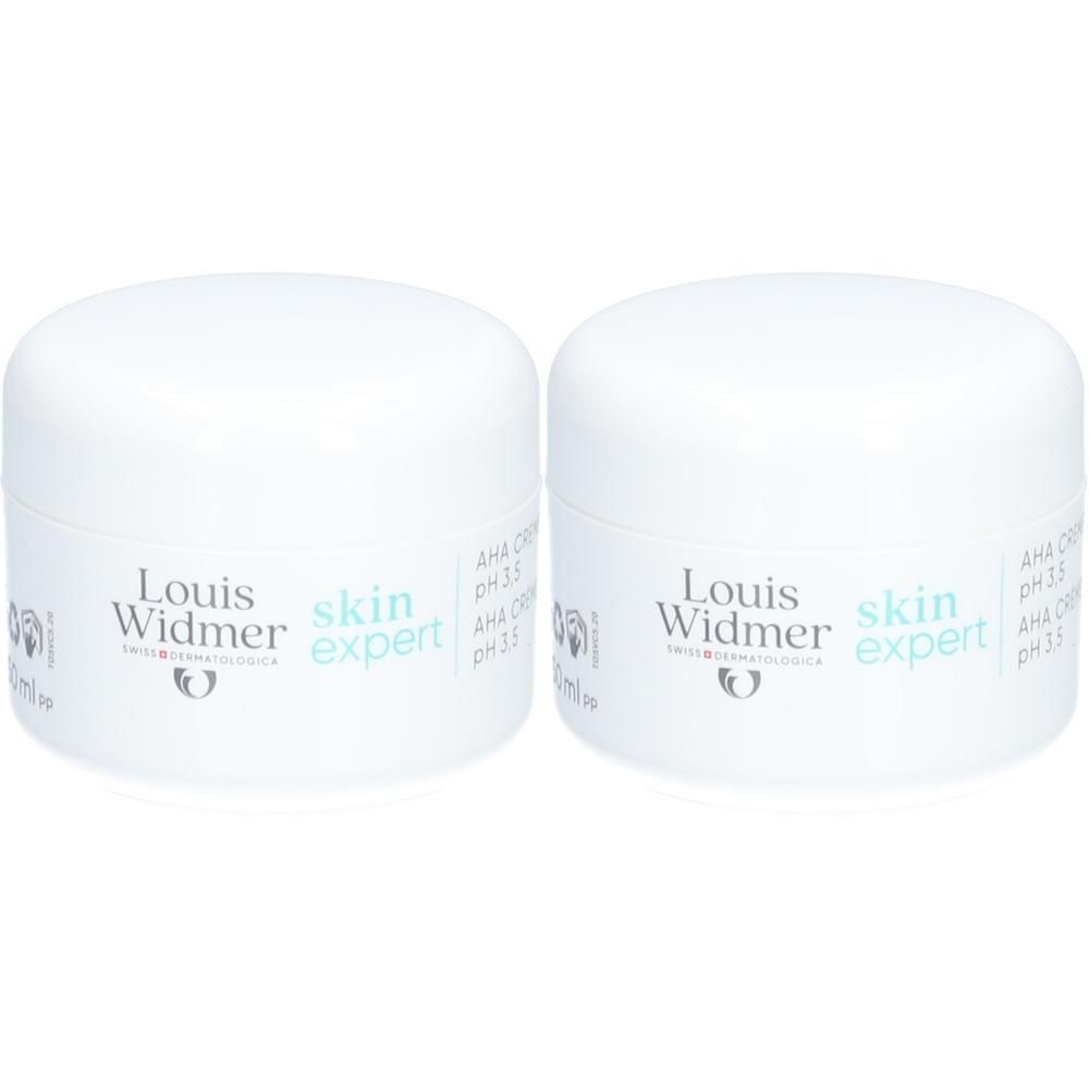 Zwei weiße Tiegel mit Aufschrift Louis Widmer skin expert AHA Creme pH 3.5. Aufschrift in Schwarz und Türkis.