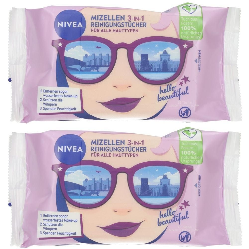 Zwei Packungen NIVEA Mizellen Reinigungstücher. Verpackung mit Gesicht, Brille und Schriftzug. 3in1 für alle Hauttypen. Mit Recycling-Logo.