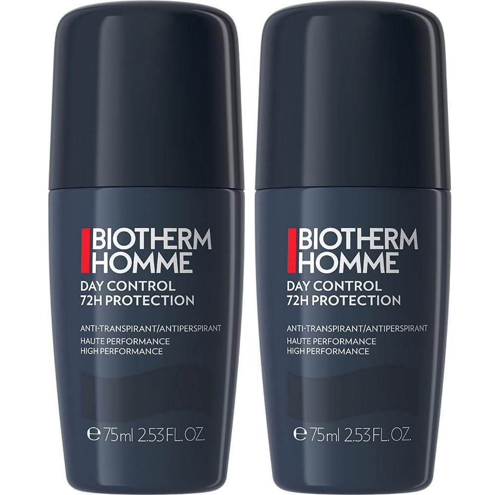 Zwei BIOTHERM HOMME Day Control 72h Protection Deo Roll-ons. Dunkelblaue Flaschen mit rotem Logo und weißer Schrift. E 75ml 2.53 FL.OZ.