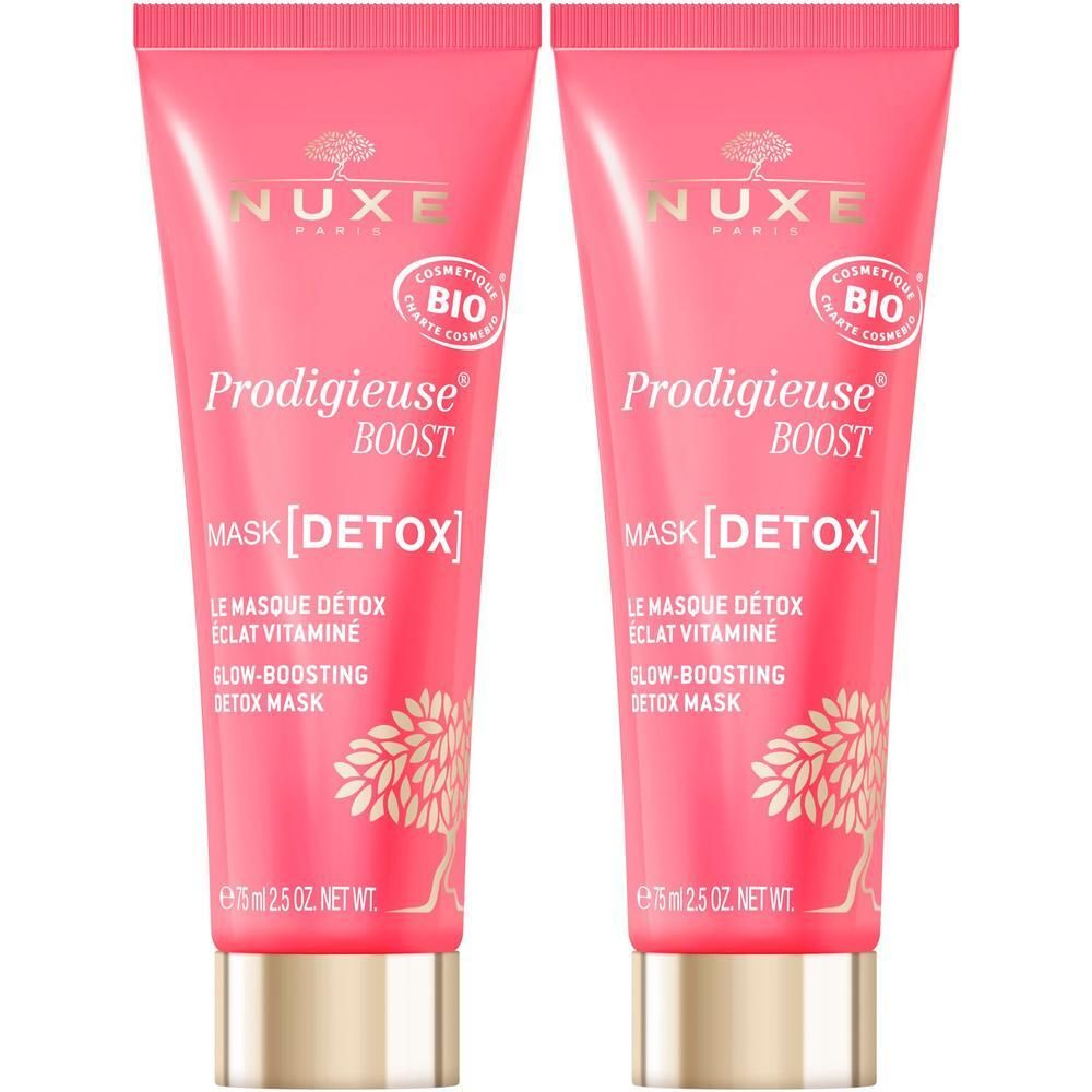 Zwei rosa Tuben mit goldfarbenen Verschlüssen. Auf jeder Tube steht "NUXE Paris", "Prodigieuse Boost", "Mask [Detox]" und "Bio"-Siegel.