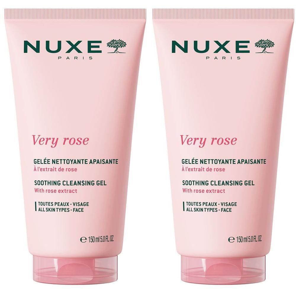 Zwei Tuben Reinigungsgel. Rosa Tuben mit grüner und weißer Schrift. Aufschrift: NUXE, Very rose, Soothing Cleansing Gel.