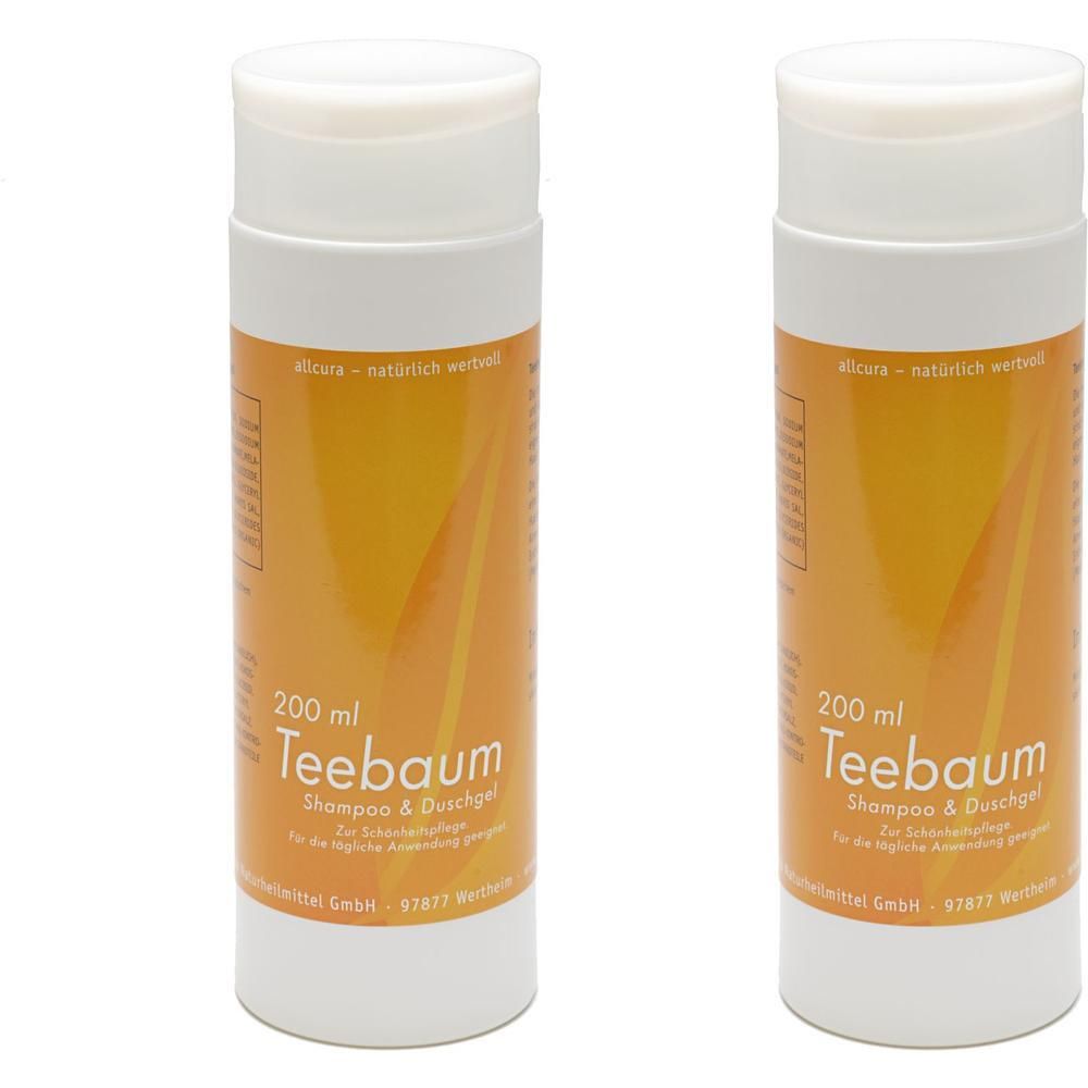 Zwei Flaschen Shampoo & Duschgel mit weißem Deckel und orangefarbenem Etikett. Text: Teebaum, 200 ml.