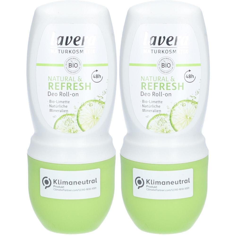 Zwei Roll-on Deodorants. Weiß-grüne Flaschen mit Aufschrift NATURAL & REFRESH. Bio-Limette, Mineralien. Klimaneutral.