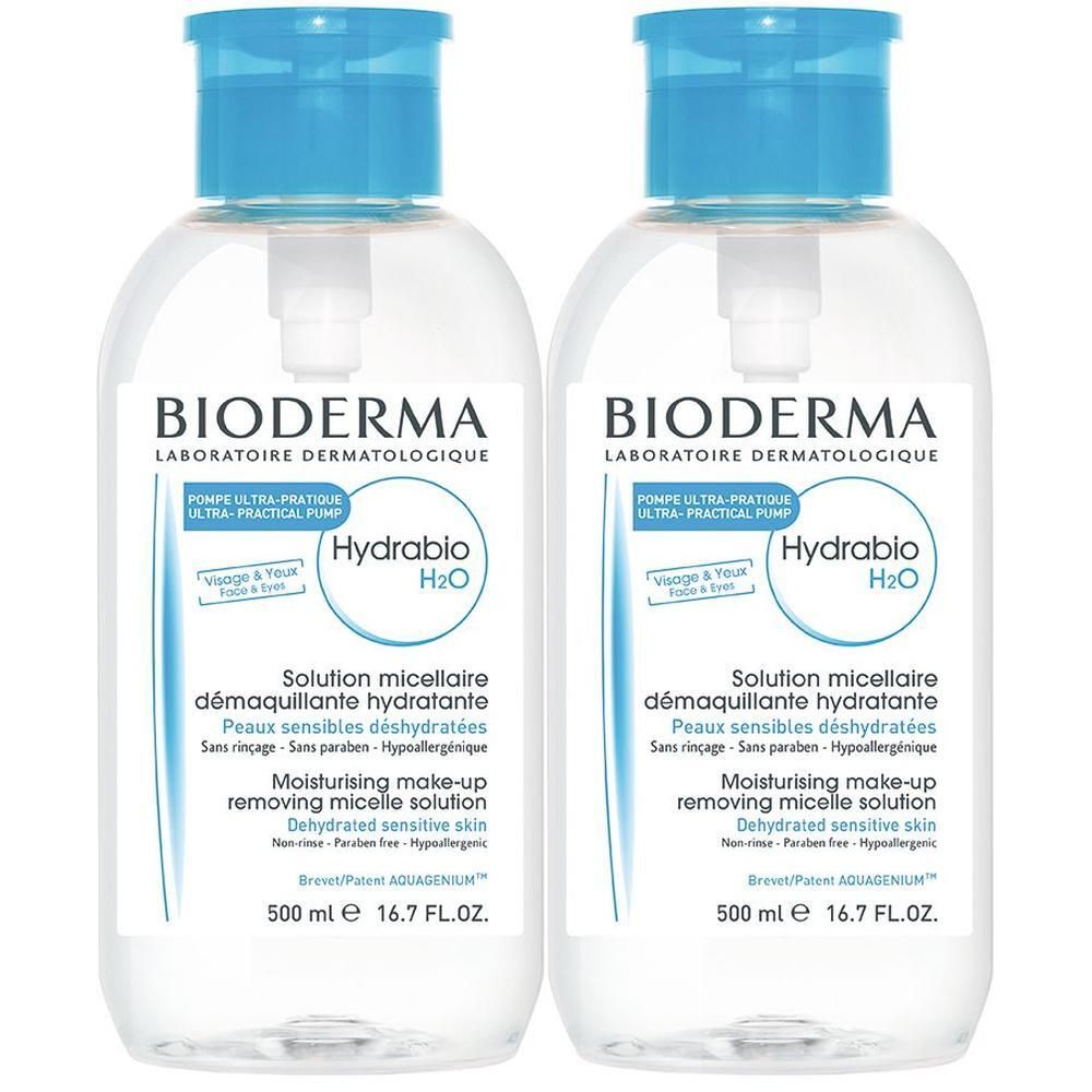 Zwei Flaschen BIODERMA Hydrabio H2O Mizellen-Reinigungslösung. Klare Flüssigkeit in transparenten Flaschen mit blauem Pumpverschluss.