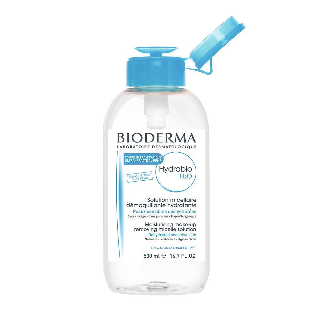 BIODERMA Hydrabio H2O Flasche mit geöffnetem blauem Pumpverschluss. Klare Flüssigkeit in transparenter Flasche.