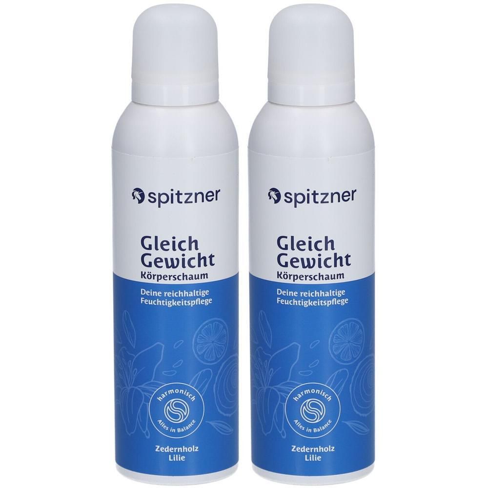 Zwei weiße Sprühdosen mit weißem Deckel. Aufschrift: Spitzner Gleich Gewicht Körperschaum. Blaue Grafik mit Schriftzügen und Logo.