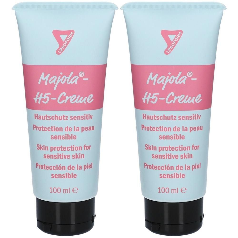 Zwei Tuben Majola H5-Creme. Hellblaue Tuben mit rosa Mittelteil. Aufschrift: Hautschutz sensitiv, 100 ml.