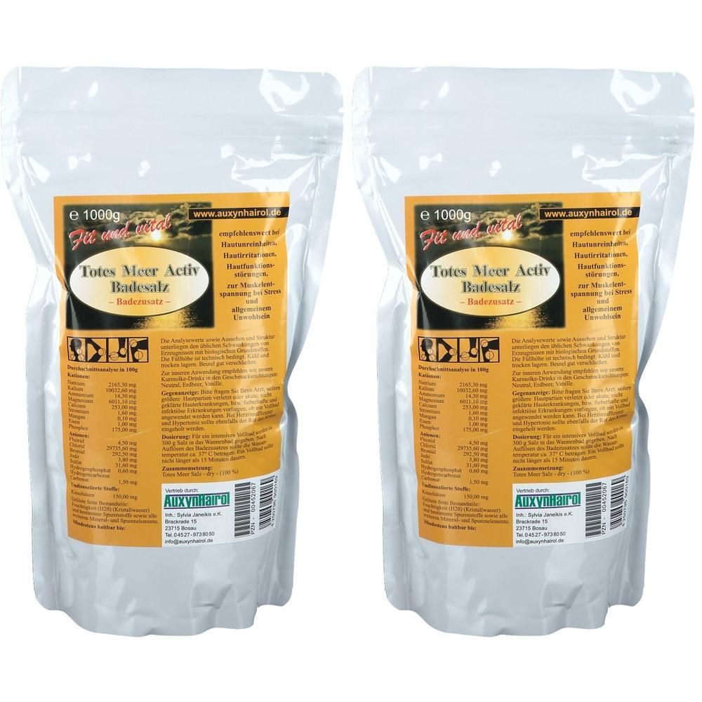 Zwei Beutel Totes Meer Activ Badesalz. Weiße Beutel mit gelben Etiketten. Aufschrift: AuxynHairol, Totes Meer Activ Badesalz.